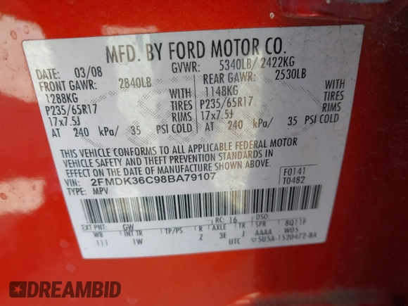 2008 Ford Edge SE with VIN 2FMDK36C98BA79107, listed as a IAAI auction lot 41975904 with 147,259 mi miles. Bid and sale history available at carsss.com. Image 9.