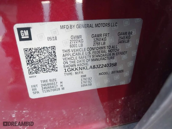 2018 GMC Acadia SLE with VIN 1GKKNKLA8JZ240358, listed as a IAAI auction lot 41228884 with 174,759 mi miles. Bid and sale history available at carsss.com. Image 9.