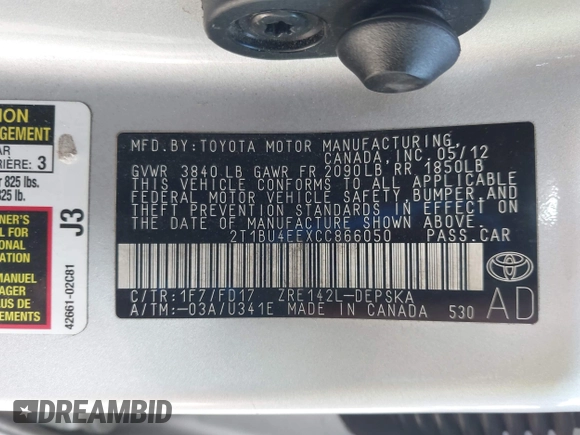 2012 Toyota Corolla L with VIN 2T1BU4EEXCC866050, listed as a IAAI auction lot 42140147 with 212,814 mi miles. Bid and sale history available at carsss.com. Image 9.