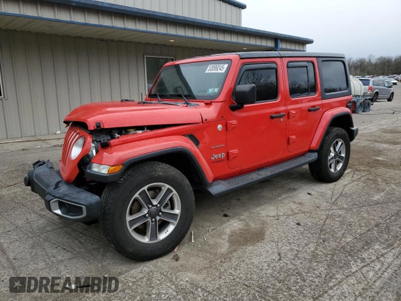 2018 Jeep Wrangler Unlimited Sahara with VIN 1C4HJXEG0JW208084, listed as a Copart auction lot 53099245 with 48,303 mi miles and Salvage Title. Bid and sale history available at carsss.com. Image 1.