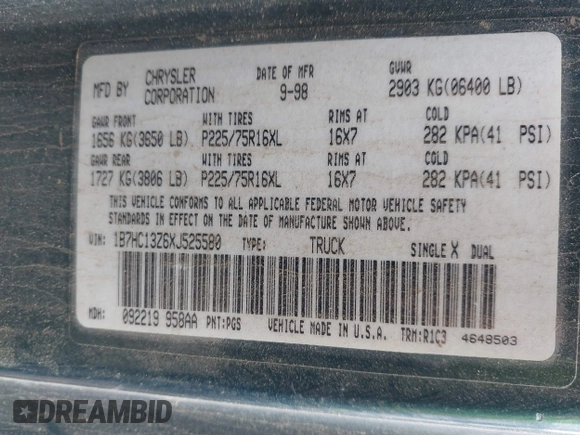 1999 Dodge 1500 z VIN 1B7HC13Z6XJ525580, wystawiony jako IAAI lot #41755940 z przebiegiem 417 640 mil mil oraz . Historia ofert i sprzedaży dostępna na DreamBid. Obrazek 9.