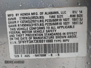 2014 Honda Pilot EX-L with VIN 5FNYF3H73EB011880, listed as a IAAI auction lot 42157396 with 73,881 mi miles and . Bid and sale history available at carsss.com. Image 9.