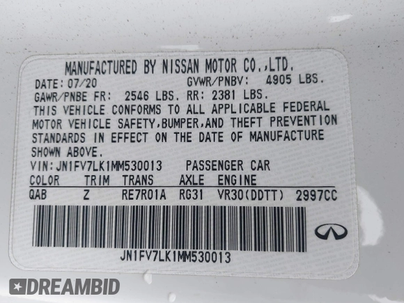 2021 Infiniti Q60 Red Sport 400 with VIN JN1FV7LK1MM530013, listed as a IAAI auction lot 41461752 with 52,844 mi miles and . Bid and sale history available at DreamBid. Image 9.