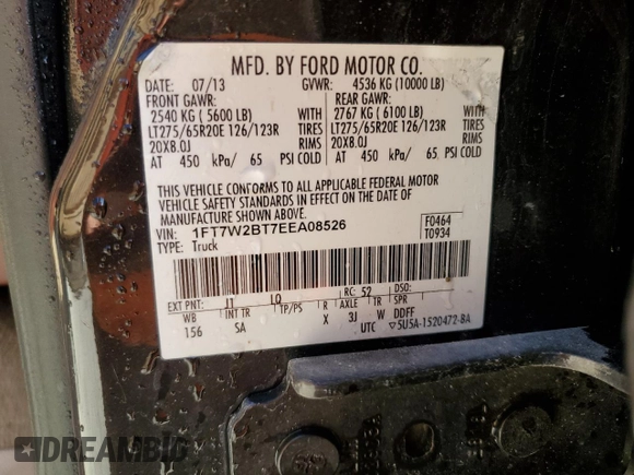 2014 Ford F-250 XL with VIN 1FT7W2BT7EEA08526, listed as a Copart auction lot 60975115 with 172,455 mi miles and Salvage title. Bid and sale history available at DreamBid. Image 12.