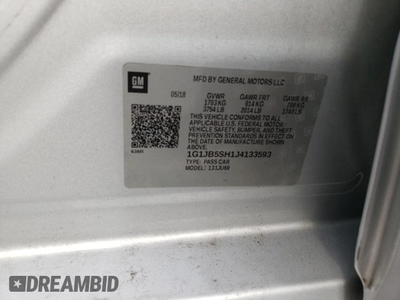 2018 Chevrolet Sonic LS with VIN 1G1JB5SH1J4133593, listed as a Copart auction lot 87556125 with 26,459 mi miles and Salvage title. Bid and sale history available at DreamBid. Image 12.