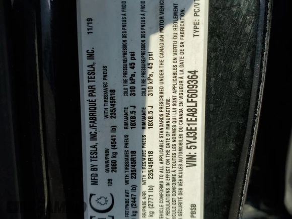 2020 Tesla Model 3 Standard Range Plus with VIN 5YJ3E1EA8LF609364, listed as a Copart auction lot 58828794 with 127,781 mi miles and Non Repairable. Bid and sale history available at DreamBid. Image 12.