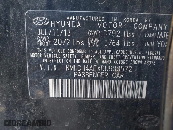 2013 Hyundai Elantra GLS z VIN KMHDH4AEXDU933572, wystawiony jako IAAI lot #42394567 z przebiegiem Nie podano mil oraz . Historia ofert i sprzedaży dostępna na DreamBid. Obrazek 9.