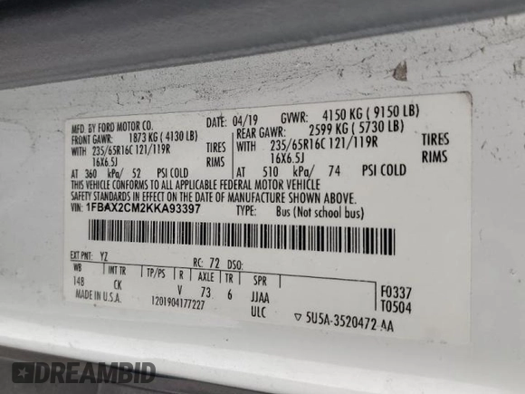 2019 Ford Transit Passenger XL with VIN 1FBAX2CM2KKA93397, listed as a Copart auction lot 88697525 with 221,573 mi miles and Salvage Title. Bid and sale history available at carsss.com. Image 13.