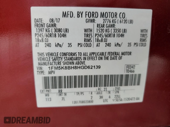 2017 Ford Explorer with VIN 1FM5K8BH8HGD62139, listed as a Copart auction lot 57119205 with 97,646 mi miles and Salvage title. Bid and sale history available at DreamBid. Image 12.