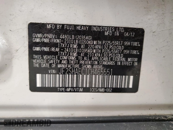 2012 Subaru Forester X Limited with VIN JF2SHAEC1CH465551, listed as a Copart auction lot 58904925 with 203,443 mi miles and Clean title. Bid and sale history available at DreamBid. Image 13.