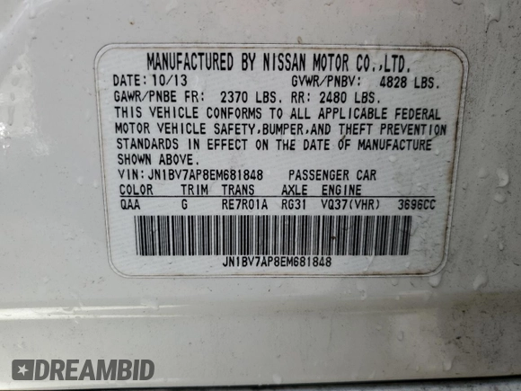 2014 Infiniti Q50 Premium with VIN JN1BV7AP8EM681848, listed as a Copart auction lot 51243735 with 131,411 mi miles and Salvage Title. Bid and sale history available at carsss.com. Image 12.