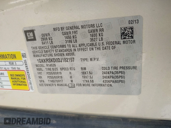 2013 GMC Acadia SLT with VIN 1GKKRSKD0DJ182197, listed as a IAAI auction lot 41925396 with 125,258 mi miles and . Bid and sale history available at carsss.com. Image 9.