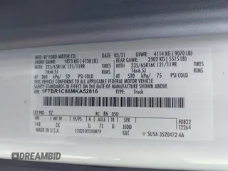 2021 Ford Transit Cargo with VIN 1FTBR1C88MKA52816, listed as a IAAI auction lot 41620731 with 60,716 mi miles and . Bid and sale history available at DreamBid. Image 9.