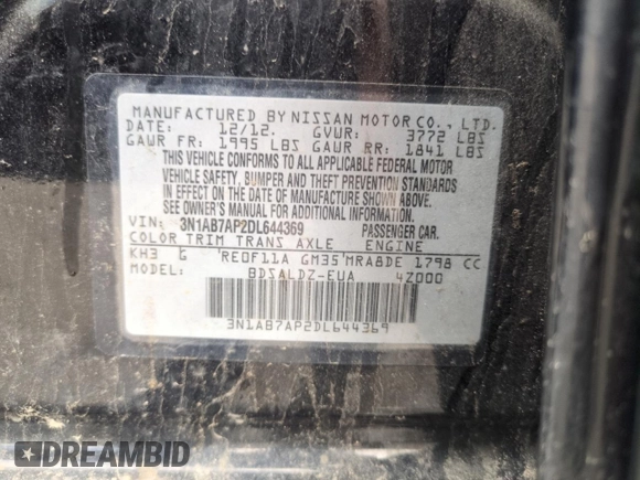 2013 Nissan Sentra FE+ S with VIN 3N1AB7AP2DL644369, listed as a Copart auction lot 54722565 with 160,173 mi miles and Salvage Title. Bid and sale history available at DreamBid. Image 12.