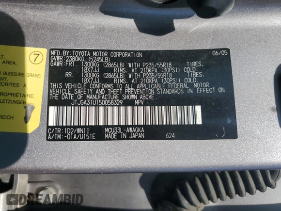 2005 Lexus RX 330 with VIN JTJGA31U150058329, listed as a Copart auction lot 47762215 with 230,473 mi miles and Salvage Title. Bid and sale history available at DreamBid. Image 12.