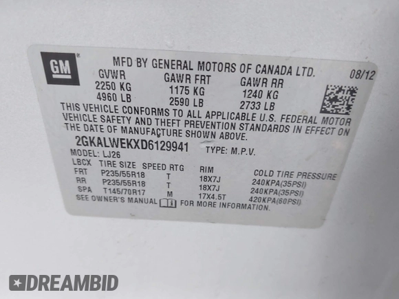2013 GMC Terrain SLT with VIN 2GKALWEKXD6129941, listed as a IAAI auction lot 42417432 with 156,319 mi miles and . Bid and sale history available at DreamBid. Image 9.