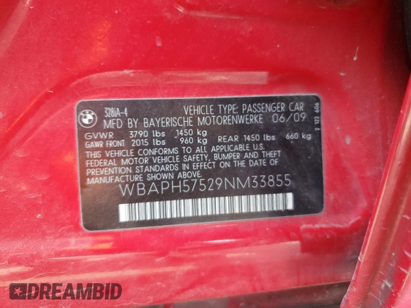 2009 BMW 3 Series 328i z VIN WBAPH57529NM33855, wystawiony jako Copart lot #53391715 z przebiegiem 142 688 mil mil oraz Szkoda całkowita • Salvage title. Historia ofert i sprzedaży dostępna na DreamBid. Obrazek 12.