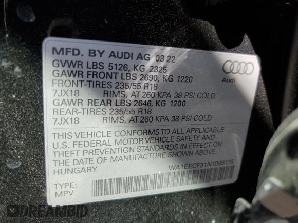 2022 Audi Q3 S line Premium Plus with VIN WA1EECF31N1096176, listed as a Copart auction lot 62105002 with 6,837 mi miles. Bid and sale history available at carsss.com. Image 10.