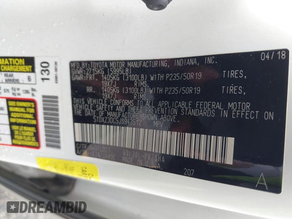 2018 Toyota Sienna SE with VIN 5TDXZ3DC5JS943512, listed as a IAAI auction lot 41786389 with 81,280 mi miles and . Bid and sale history available at DreamBid. Image 9.