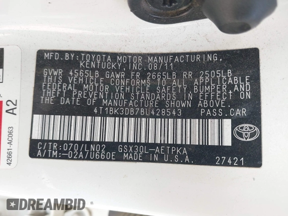 2011 Toyota Avalon with VIN 4T1BK3DB7BU428543, listed as a IAAI auction lot 42598653 with 139,978 mi miles and . Bid and sale history available at DreamBid. Image 9.