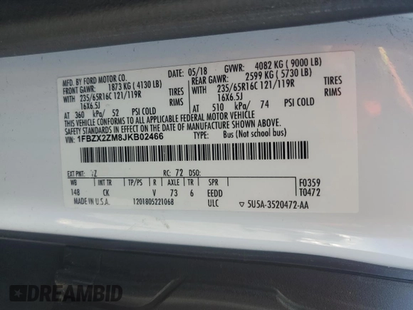 2018 Ford Transit Passenger XL z VIN 1FBZX2ZM8JKB02466, wystawiony jako Copart lot #55098365 z przebiegiem 166 367 mil mil oraz Szkoda całkowita • Salvage title. Historia ofert i sprzedaży dostępna na DreamBid. Obrazek 13.
