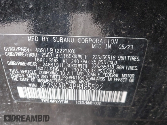 2023 Subaru Forester Touring with VIN JF2SKARC4PH485522, listed as a IAAI auction lot 42544425 with 38,872 mi miles and . Bid and sale history available at DreamBid. Image 9.
