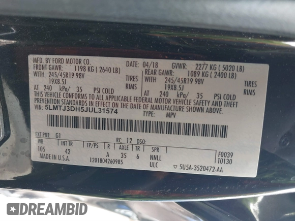 2018 Lincoln MKC Reserve with VIN 5LMTJ3DH5JUL31574, listed as a IAAI auction lot 41789286 with 109,504 mi miles and . Bid and sale history available at DreamBid. Image 9.