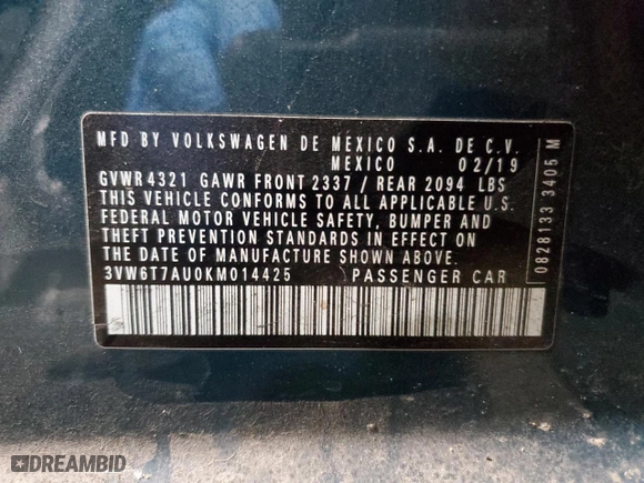 2019 Volkswagen Golf GTI S with VIN 3VW6T7AU0KM014425, listed as a Copart auction lot 44940005 with 0 mi miles and Salvage Title. Bid and sale history available at carsss.com. Image 12.