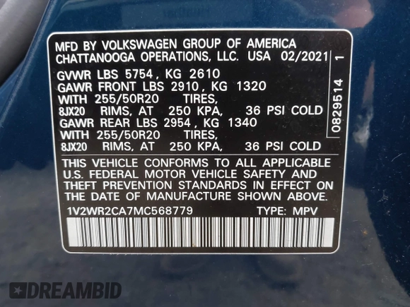 2021 Volkswagen Atlas SE z VIN 1V2WR2CA7MC568779, wystawiony jako IAAI lot #42132709 z przebiegiem 51 205 mil mil oraz . Historia ofert i sprzedaży dostępna na DreamBid. Obrazek 9.