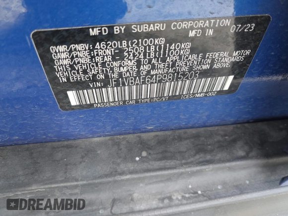 2023 Subaru WRX Premium с VIN JF1VBAF64P9815203, выставлен на аукционе IAAI как лот 42486767 с пробегом 30 985 миль миль и . История ставок и продаж доступна на DreamBid. Изображение 9.