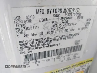 2010 Ford Expedition Max Limited with VIN 1FMJK1K57AEB57781, listed as a IAAI auction lot 40812641 with 176,798 mi miles and . Bid and sale history available at DreamBid. Image 9.