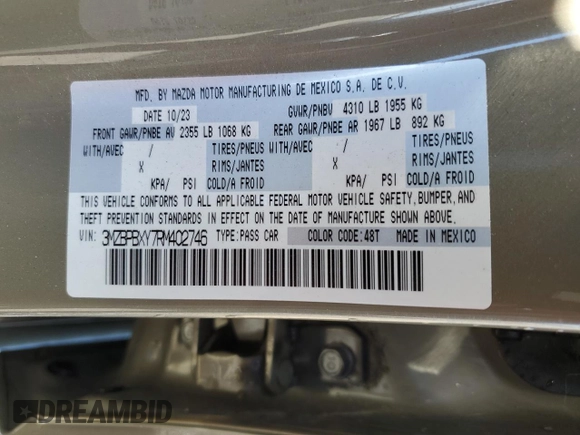 2024 Mazda 3 Carbon Edition with VIN 3MZBPBXY7RM402746, listed as a Copart auction lot 61170235 with 42,740 mi miles and Non repairable. Bid and sale history available at DreamBid. Image 13.