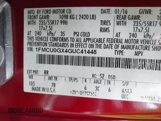 2016 Ford Escape SE with VIN 1FMCU0GX4GUC41448, listed as a IAAI auction lot 41936088 with 65,156 mi miles and . Bid and sale history available at carsss.com. Image 9.
