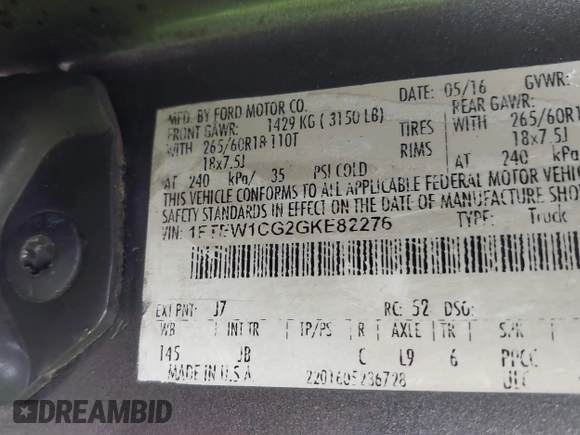2016 Ford F-150 XL with VIN 1FTEW1CG2GKE82276, listed as a IAAI auction lot 41493644 with Not Provided miles and . Bid and sale history available at carsss.com. Image 9.
