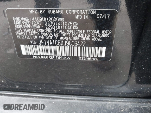 2018 Subaru WRX Premium with VIN JF1VA1C6XJ9809422, listed as a IAAI auction lot 41987042 with 81,132 mi miles. Bid and sale history available at carsss.com. Image 9.