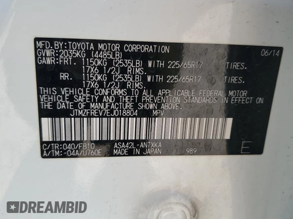2014 Toyota RAV4 LE with VIN JTMZFREV7EJ018804, listed as a Copart auction lot 62738795 with 97,265 mi miles and Salvage title. Bid and sale history available at DreamBid. Image 13.