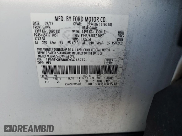 2013 Ford Explorer with VIN 1FM5K8B88DGC13272, listed as a Copart auction lot 42121345 with 159,605 mi miles and Non repairable. Bid and sale history available at DreamBid. Image 13.