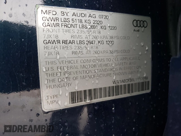 2020 Audi Q3 Premium with VIN WA1AECF38L1117648, listed as a Copart auction lot 66929382 with 10,604 mi miles. Bid and sale history available at carsss.com. Image 10.