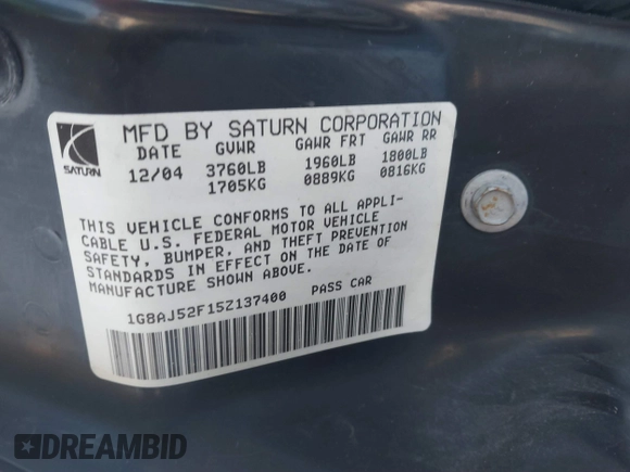 2005 Saturn ION ION 2 z VIN 1G8AJ52F15Z137400, wystawiony jako IAAI lot #41574734 z przebiegiem 274 460 mil mil oraz . Historia ofert i sprzedaży dostępna na DreamBid. Obrazek 9.