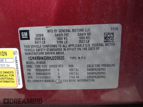 2017 Chevrolet Traverse LT with VIN 1GNKRHKD8HJ220626, listed as a IAAI auction lot 41606841 with 141,755 mi miles and . Bid and sale history available at DreamBid. Image 9.