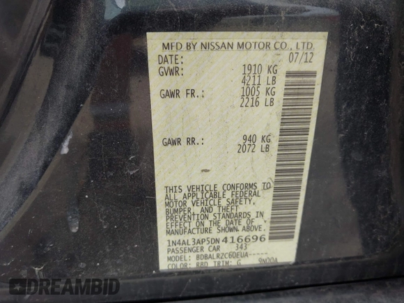2013 Nissan Altima 2.5 S with VIN 1N4AL3AP5DN416696, listed as a IAAI auction lot 41786541 with 228,482 mi miles and . Bid and sale history available at carsss.com. Image 9.