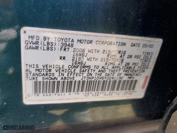 2000 Toyota RAV4 with VIN JT3HP10V6Y0241190, listed as a Copart auction lot 52531965 with 140,925 mi miles and Clean Title. Bid and sale history available at carsss.com. Image 12.