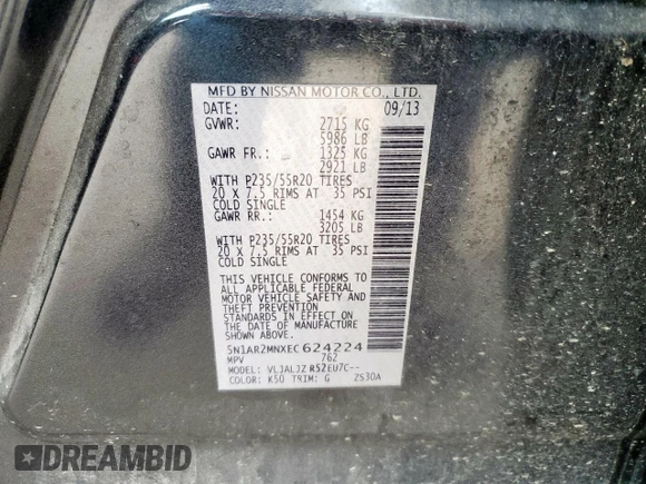 2014 Nissan Pathfinder SL with VIN 5N1AR2MNXEC624224, listed as a Copart auction lot 55322405 with 212,433 mi miles and Clean Title. Bid and sale history available at DreamBid. Image 13.