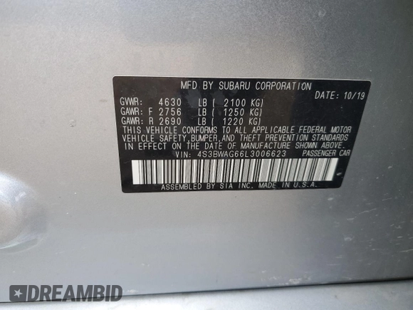 2020 Subaru Legacy Special Sports with VIN 4S3BWAG66L3006623, listed as a Copart auction lot 45619205 with 38,687 mi miles and Salvage Title. Bid and sale history available at carsss.com. Image 14.