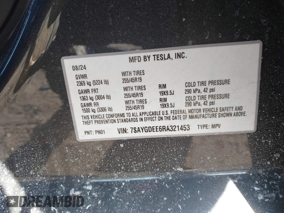 2024 Tesla Model Y Long Range with VIN 7SAYGDEE6RA321453, listed as a IAAI auction lot 41463429 with 9,649 mi miles. Bid and sale history available at carsss.com. Image 9.