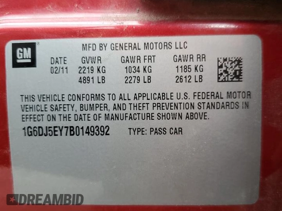 2011 Cadillac CTS Performance with VIN 1G6DJ5EY7B0149392, listed as a Copart auction lot 55569625 with 115,968 mi miles and Clean Title. Bid and sale history available at DreamBid. Image 12.