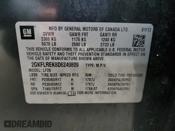 2013 GMC Terrain SLE z VIN 2GKFLREK8D6249809, wystawiony jako Copart lot #49715215 z przebiegiem 107 497 mil mil oraz Szkoda całkowita • Salvage title. Historia ofert i sprzedaży dostępna na DreamBid. Obrazek 12.