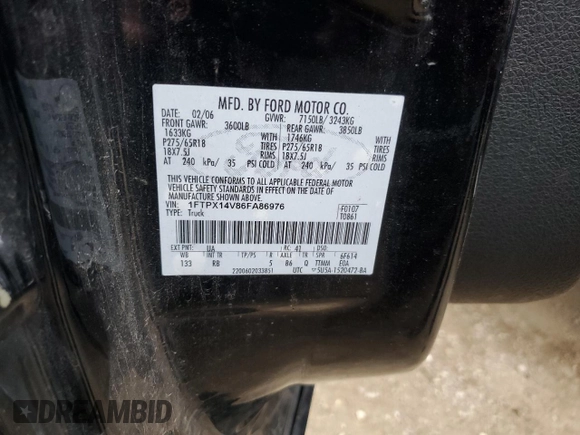 2006 Ford F-150 XLT with VIN 1FTPX14V86FA86976, listed as a Copart auction lot 65898404 with 185,563 mi miles and Salvage Title. Bid and sale history available at carsss.com. Image 12.
