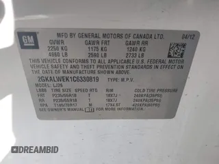 2012 GMC Terrain SLT-2 with VIN 2GKALWEK1C6330819, listed as a IAAI auction lot 38452298 with 217,795 mi miles. Bid and sale history available at carsss.com. Image 9.