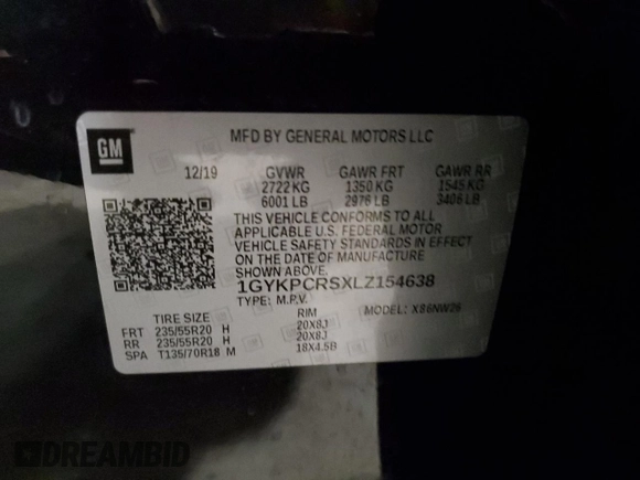 2020 Cadillac XT6 FWD Premium Luxury with VIN 1GYKPCRSXLZ154638, listed as a Copart auction lot 57439835 with 142,435 mi miles and Salvage title. Bid and sale history available at DreamBid. Image 13.